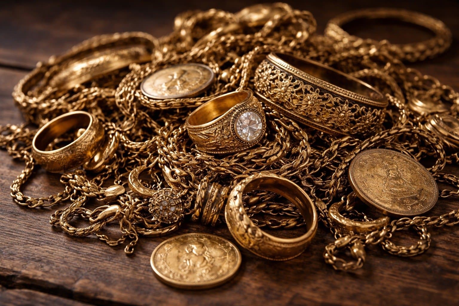 Goldschmuck, Ringe und Goldmünzen auf dunklem Holz